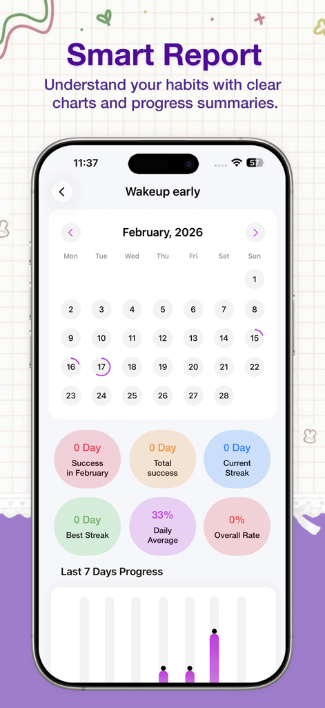 Pure Habit & Goal Tracker - Pantalla de informe inteligente de la aplicación Pure Habit que muestra un calendario mensual con métricas de progreso y estadísticas de rachas de hábitos.