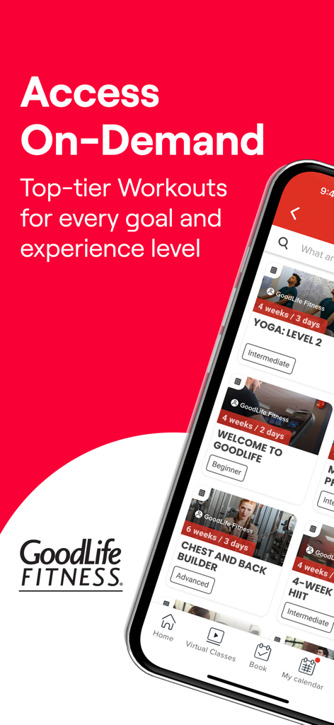 GoodLife Fitness App zeigt verschiedene On-Demand-Trainingspläne für verschiedene Fitnessstufen