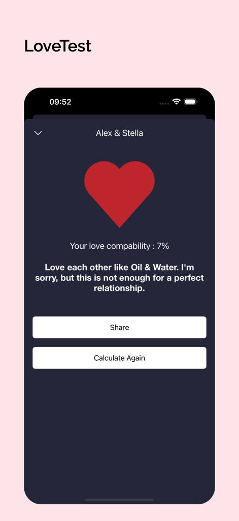 LoveTest app interface showing a 7 percent love compatibility result between Alex and Stella with a red heart icon