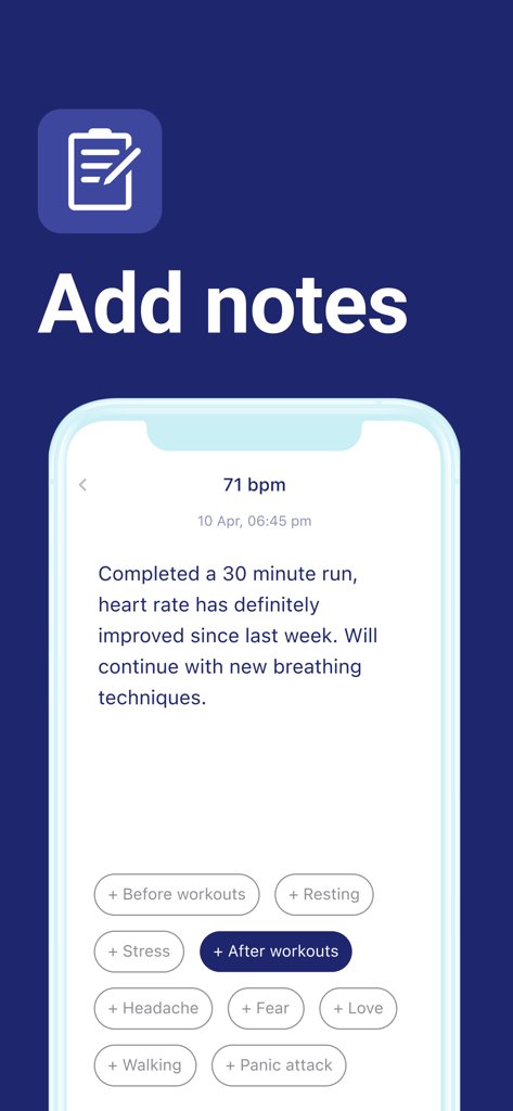 Interface for adding personal notes and activity tags like after workouts to heart rate measurements