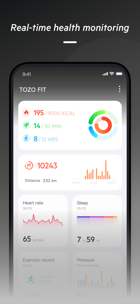 TOZO FIT - TOZO FIT app interface displaying a real-time health monitoring dashboard with activity rings, step count, heart rate, and sleep tracking data