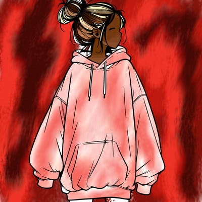 realistic girl with a oversized sweatshirt on and a bun