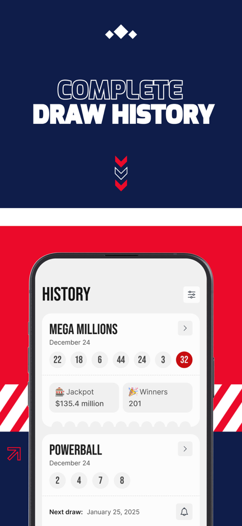 Smartphone screen displaying the complete draw history for Mega Millions and Powerball in the USA Lottery Ticket app.