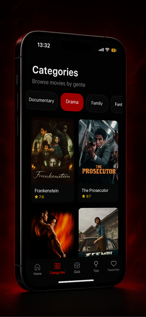 Tela do aplicativo móvel Pobreflix mostrando categorias de filmes com o gênero drama selecionado e pôsteres de filmes em alta