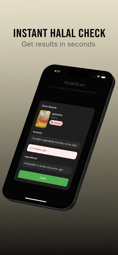 Halal Finder app interface showing a Haram status for a scanned gelatin product with an ingredient analysis.