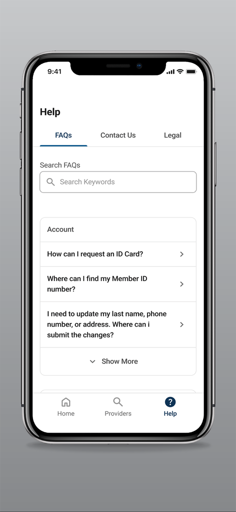 FAQ screen in the Health Insurance Portal app showing account help topics