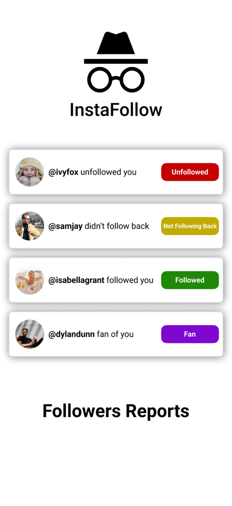 Interfaccia dell'app InstaFollow che mostra il tracciamento in tempo reale dei non follower e le notifiche sullo stato dei follower