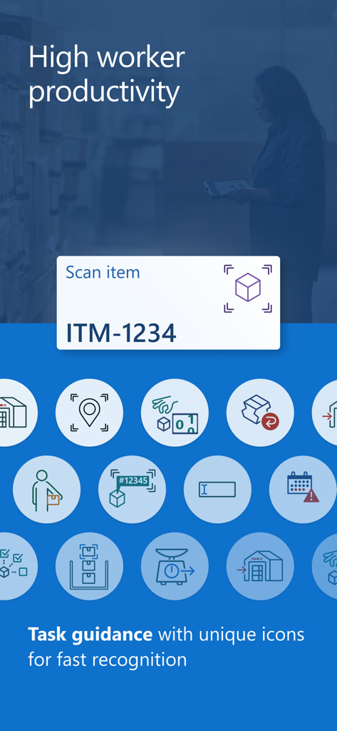 Microsoft Warehouse Management - Pantalla de guía de tareas de la aplicación Microsoft Warehouse Management con iconos de navegación claros
