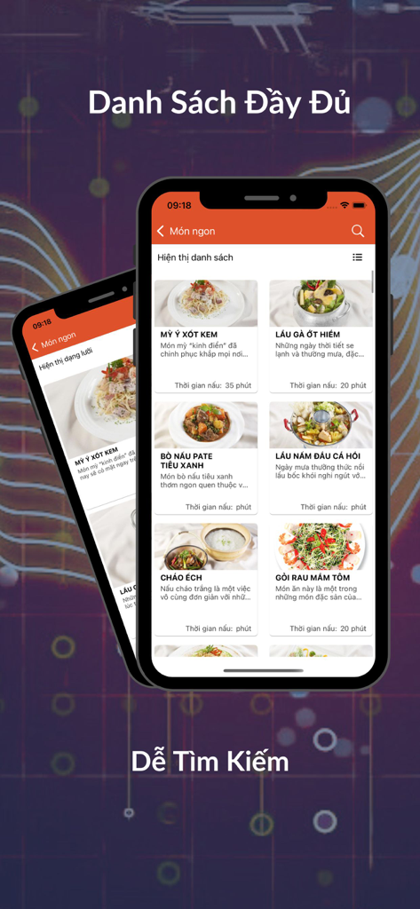 Món Việt - The Mon Viet app interface showing a list of various Vietnamese food recipes on a smartphone screen.