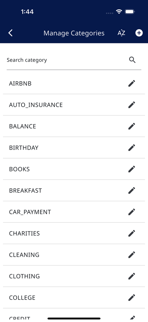 Simple Budget: Expense Manager - Una lista de categorías de gastos personalizadas en la aplicación Simple Budget, incluyendo desayuno y pago de automóvil.