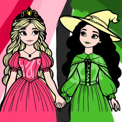 a princess and a witch holding hands realistic