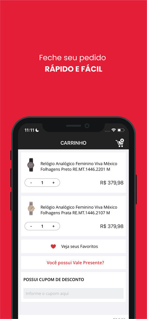 Chilli Beans - Interface do aplicativo móvel Chilli Beans mostrando um carrinho de compras com dois relógios analógicos e opções de checkout em fundo vermelho