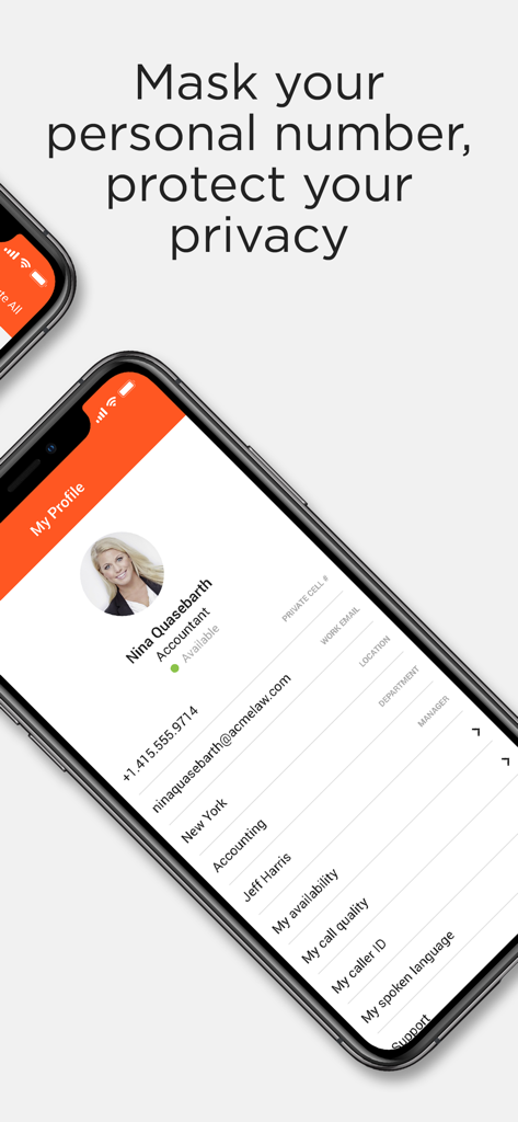 Spoke Phone - Tela de perfil do usuário do aplicativo Spoke Phone mostrando detalhes de contato comercial e configurações de proteção de privacidade
