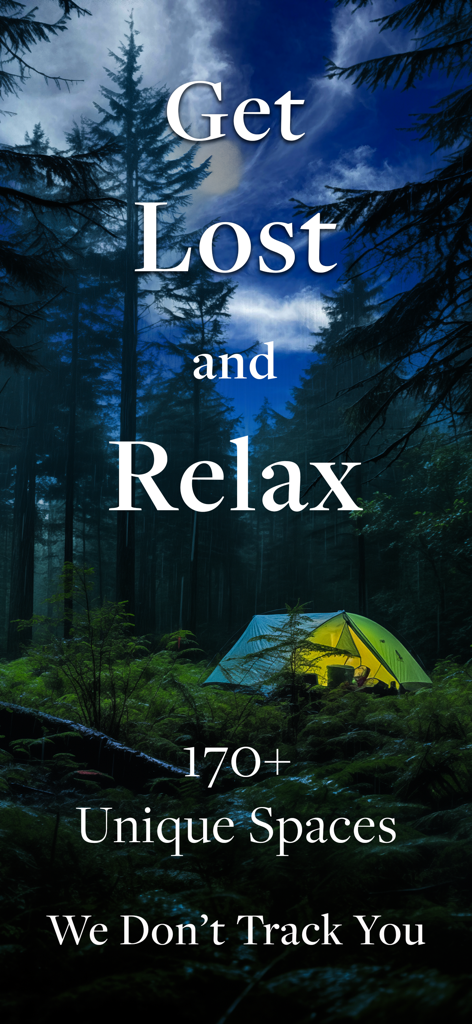 Naturespace Holographic Audio - A glowing tent in a dark forest at night with text promoting relaxation and 170 unique nature spaces