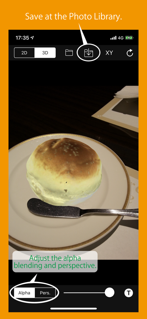 3D Superimpose - Interface of 3D Superimpose app showing a 3D bread model on a plate with highlighted options to adjust alpha blending and save to the photo library.