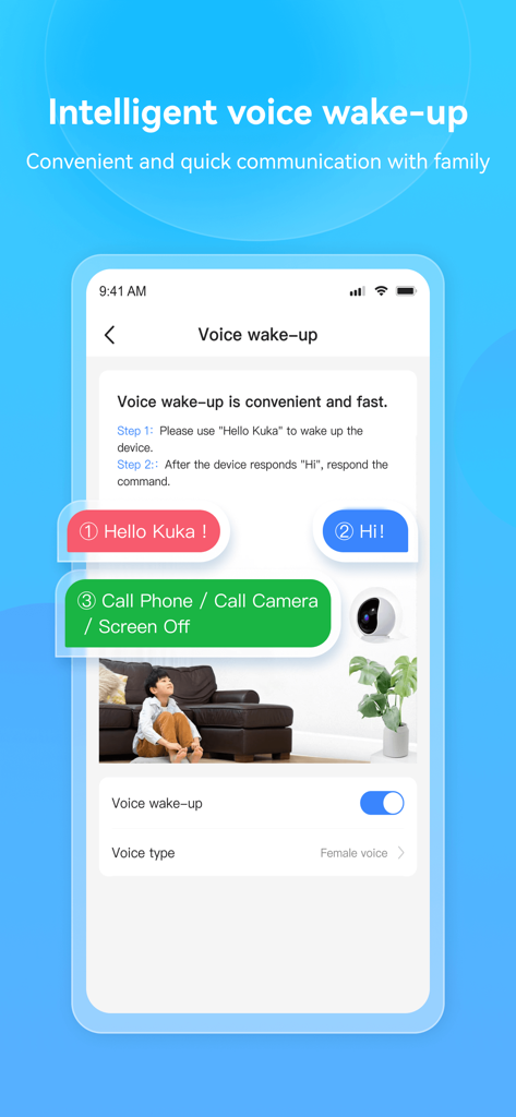 Im Cam - Im Cam app interface showing intelligent voice wake up settings and instructions for hands free calling