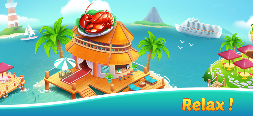 Cooking Seaside: Beach food - Tropical beach restaurant with a lobster sign and the text Relax in Cooking Seaside.