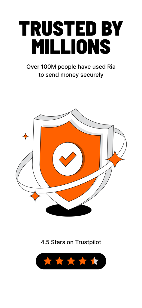 Ria Money Transfer - Escudo de seguridad de la aplicación Ria Money Transfer con una marca de verificación y una calificación de Trustpilot de 4.5 estrellas