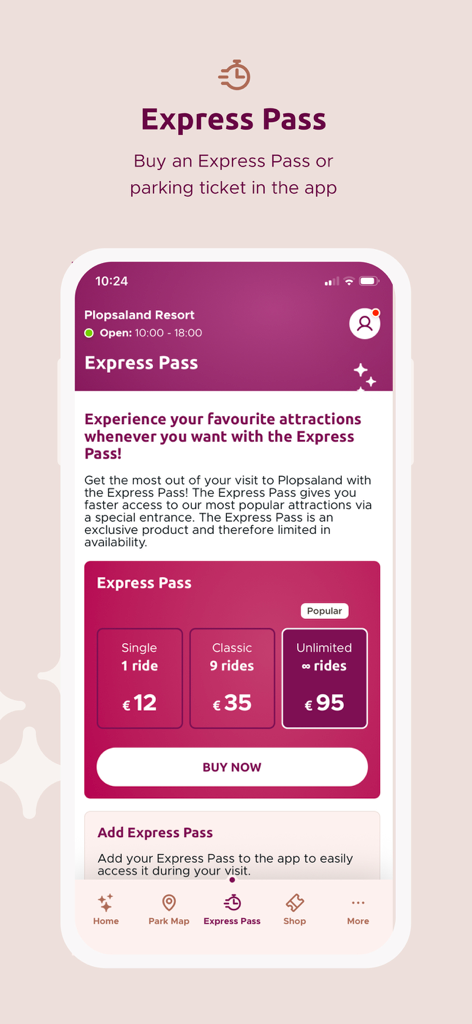 Plopsaland Resort Belgium - Plopsaland Resort app interface for buying Express Pass options to skip attraction lines.