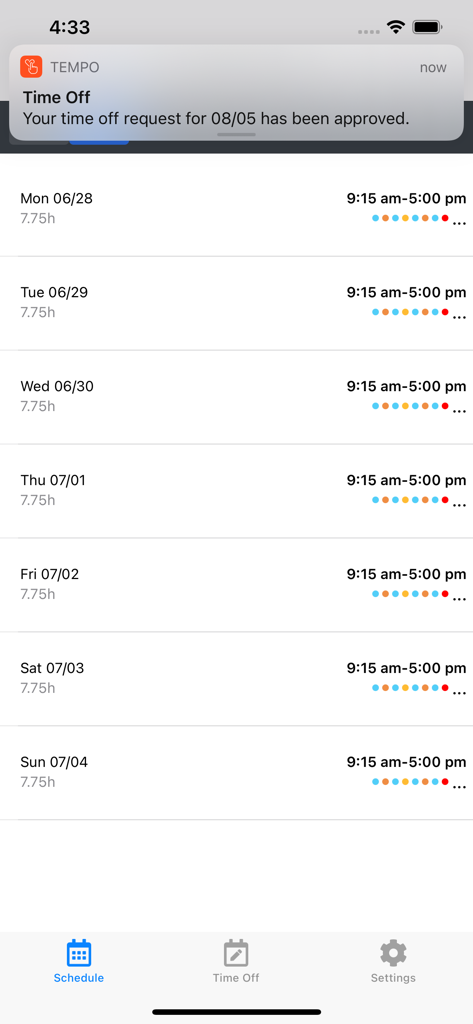 Aplicativo Genesys Tempo exibindo uma escala de trabalho semanal e uma notificação de aprovação de folga.