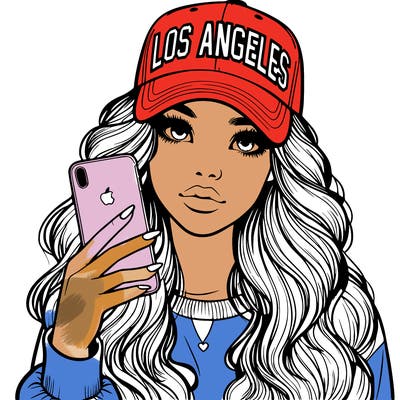 realistic beautiful girl wearing los ángeles cap holding an iphone