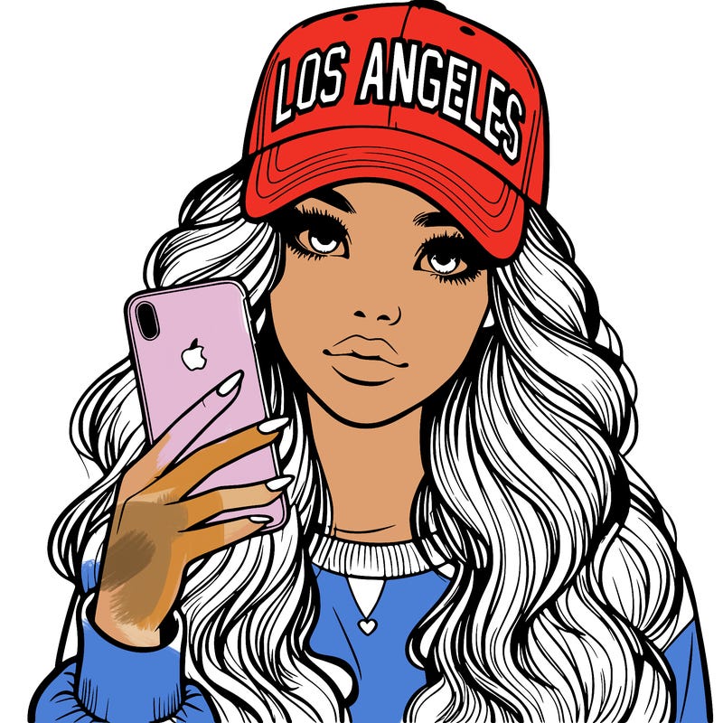 realistic beautiful girl wearing los ángeles cap holding an iphone