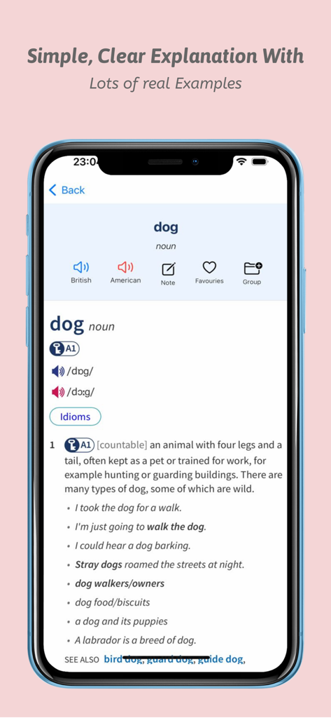 English Learners Dictionary app interface showing the definition and example sentences for the word dog