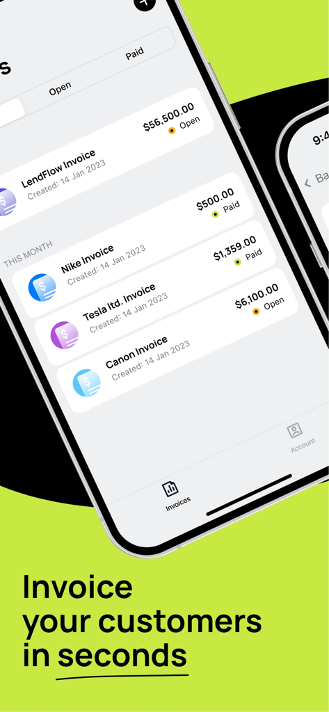 Mobile dashboard showing a list of professional invoices with open and paid status labels
