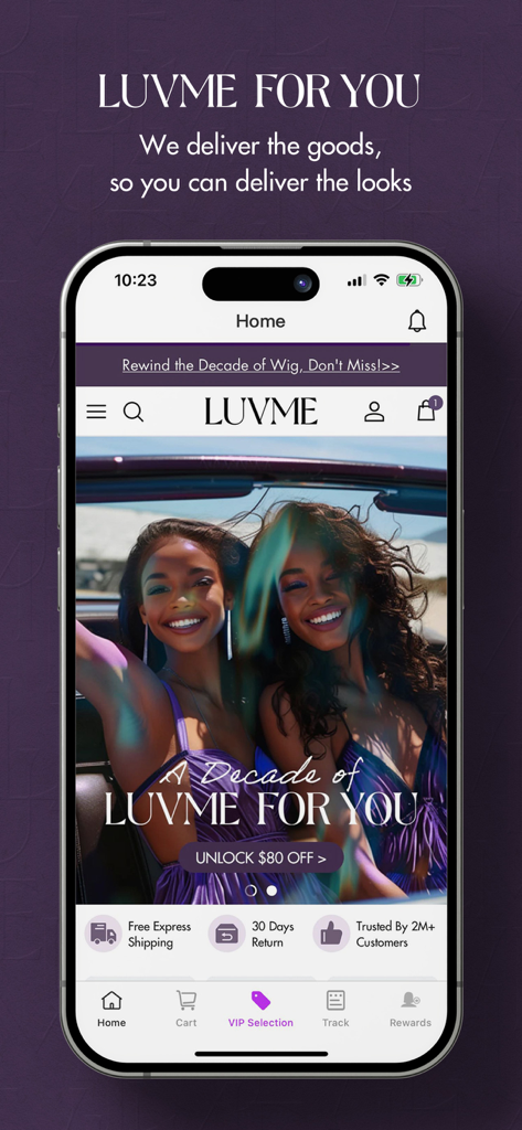 LuvmeHair - LuvmeHair mobile app home screen showing promotional wig offers and human hair products