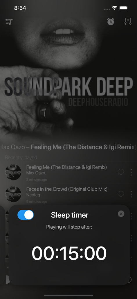 SOUNDPARK #DEEP - Interface of the SOUNDPARK DEEP app showing a sleep timer overlay set to 15 minutes