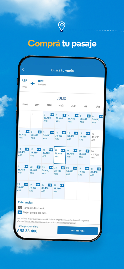 App mobile Aerolíneas Argentinas che mostra un calendario dei prezzi dei voli per prenotare un biglietto da Buenos Aires a Bariloche