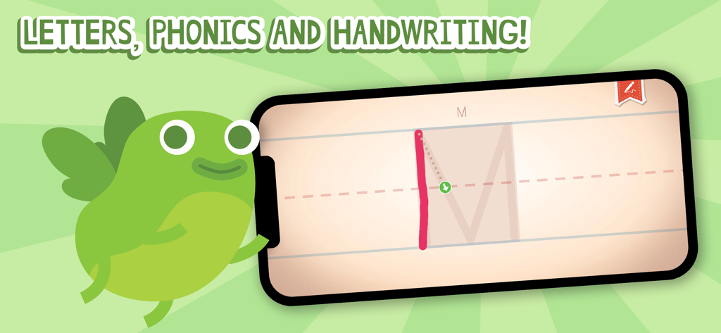 A cartoon monster next to a mobile device showing a letter tracing activity for learning handwriting.