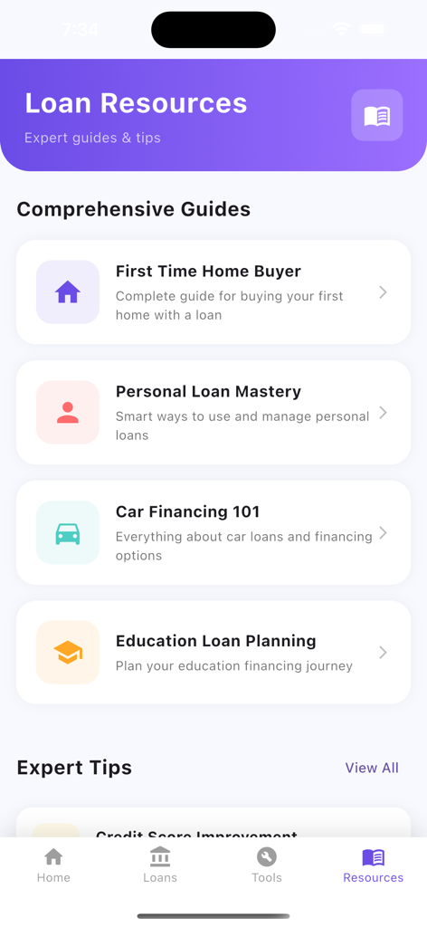 Instant Loan - Calculator App - Instant Loan app screen showing expert guides for home buyer personal car and education loans