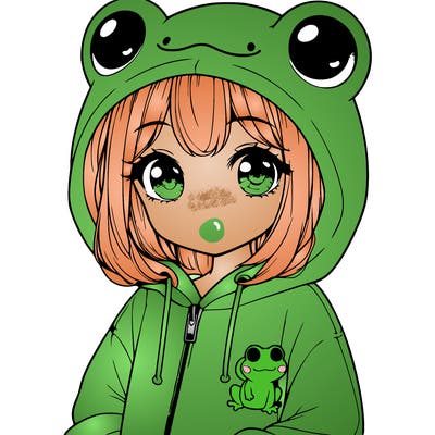 cute realistic girl in a froggy hoodie