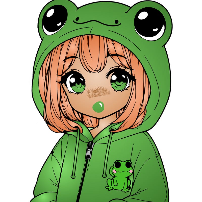 cute realistic girl in a froggy hoodie