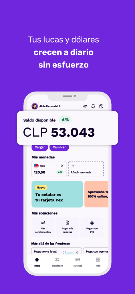 Tableau de bord du compte numérique Prex Chile affichant le solde en pesos chiliens et les options de devises