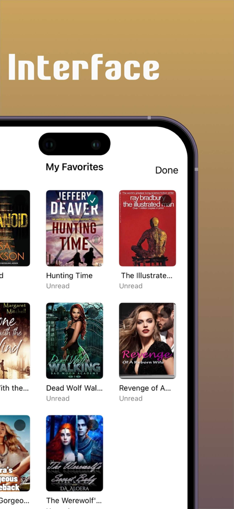 JoyRead app interface displaying the My Favorites section with a collection of novel book covers.