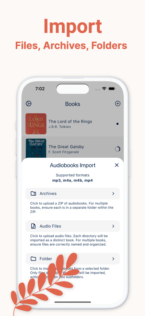 BookPlayer app interface for importing audiobooks from files and archives