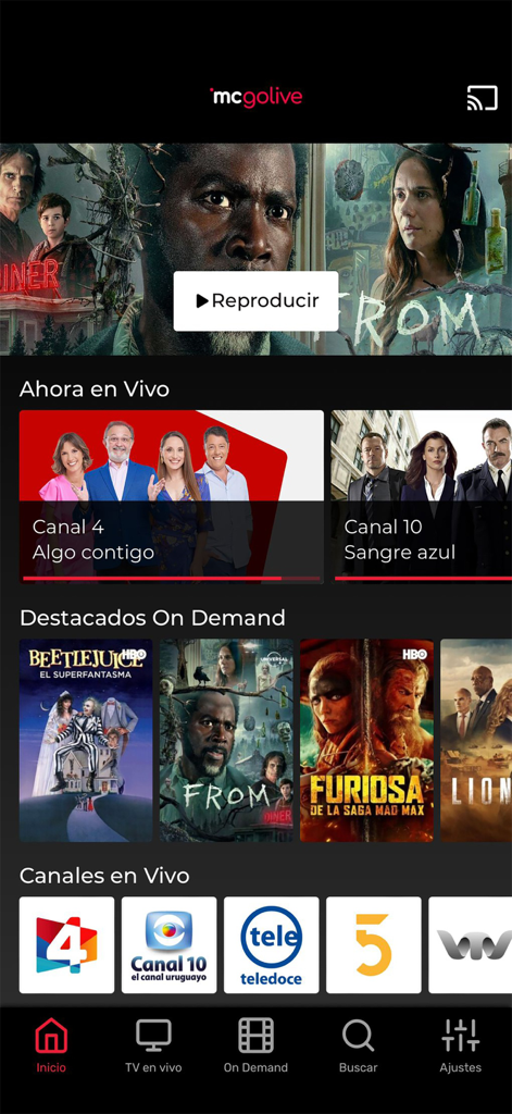 Pantalla de inicio de la aplicación MC GO LIVE con canales de televisión uruguayos en vivo y contenido bajo demanda.