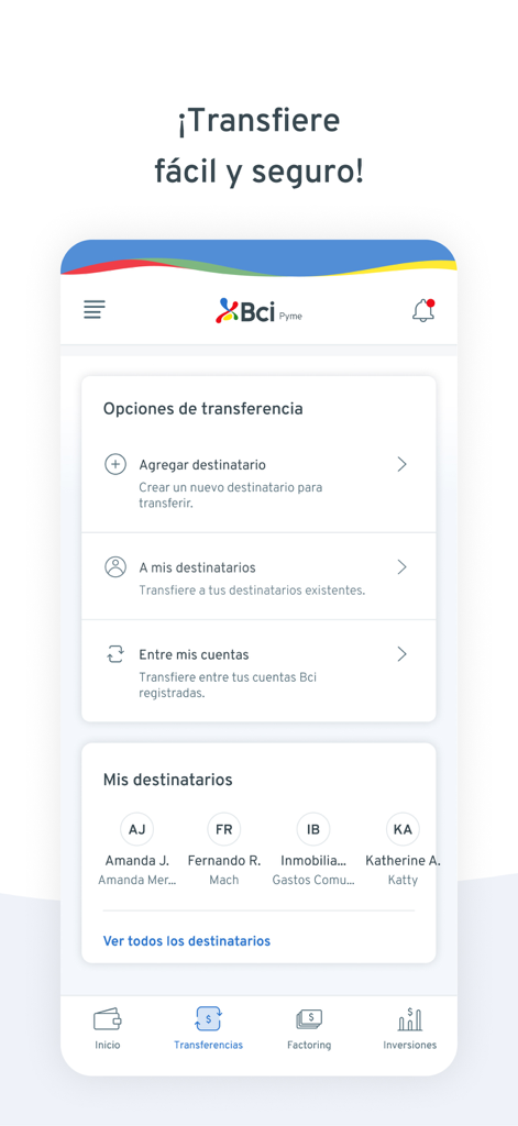 Interfaz de la aplicación móvil Bci Pyme para transferencias empresariales seguras con opciones de destinatario