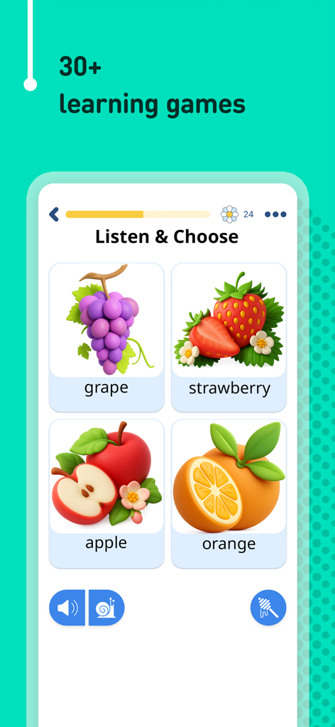 Language learning game interface with fruit illustrations for vocabulary practice
