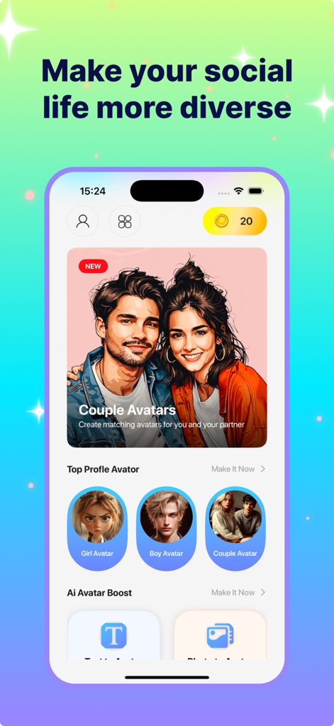 AI couple avatar generator app interface showing illustrated profile picture options