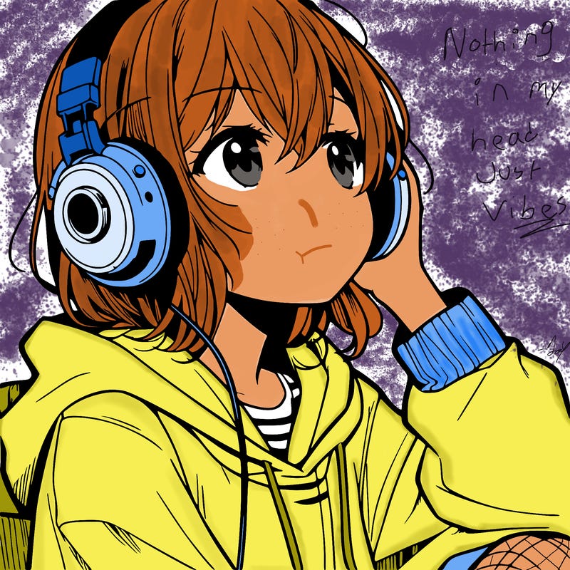manga character that listen a music with headphone