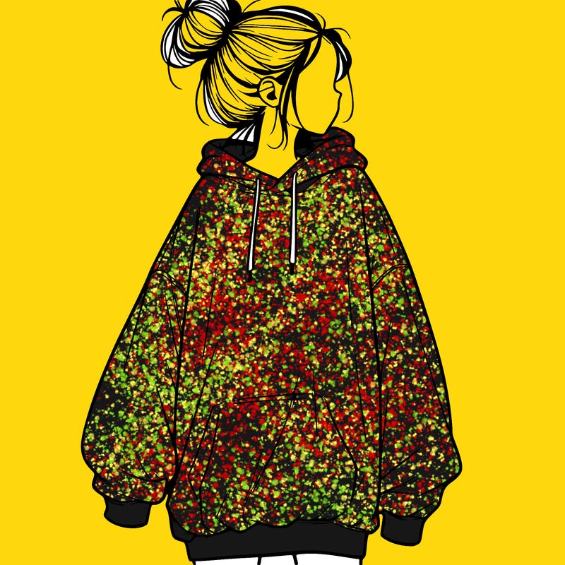 realistic girl with a oversized sweatshirt on and a bun
