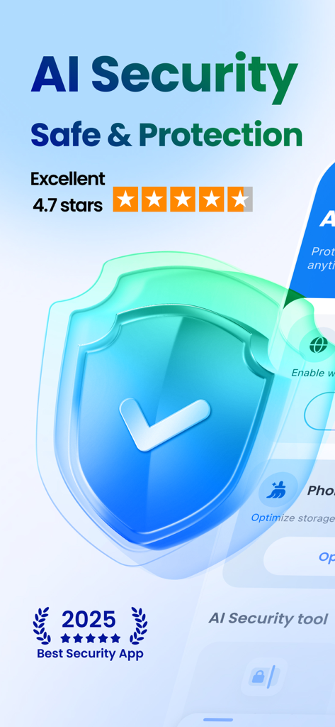 AI Security: Safe & Protection - Interface do aplicativo AI Security Safe and Protection com um grande escudo de segurança azul e uma avaliação de 4,7 estrelas