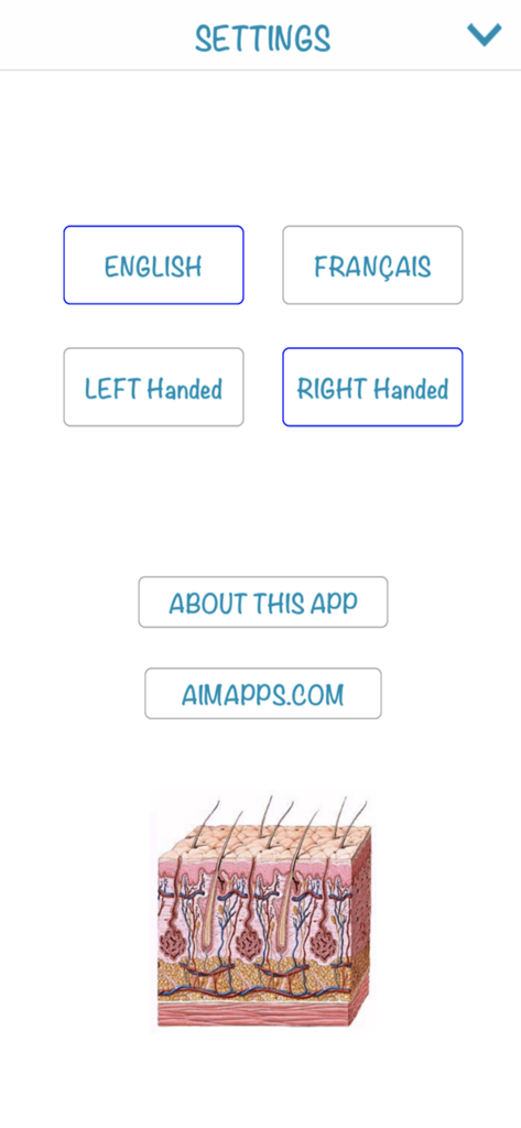 Dermatology (AIMapps) - Einstellungsmenü der Dermatologie-App mit Sprachauswahl für Englisch und Französisch sowie Optionen für die Händigkeit.