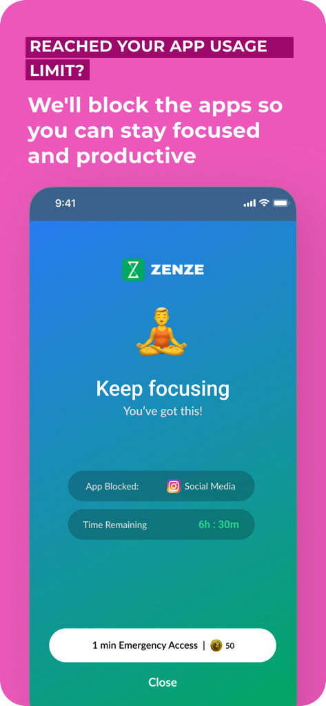 Pantalla de la aplicación Zenze bloqueando el uso de redes sociales con un mensaje de "sigue concentrado" y una ilustración de meditación.