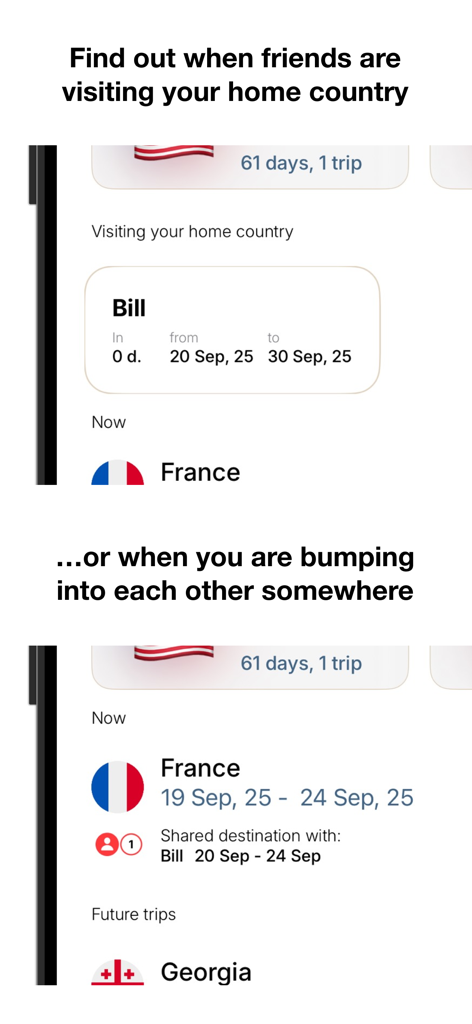 Interfaccia dell'app TraviGo che mostra notifiche di viaggio degli amici e dettagli delle destinazioni condivise per esploratori sociali