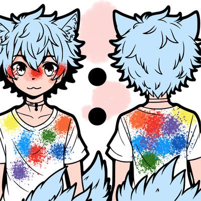 an anime boy with narrow eyes t-shirt fluffy hair and wolf ears and tail