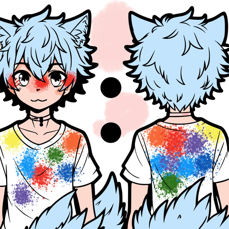 an anime boy with narrow eyes t-shirt fluffy hair and wolf ears and tail